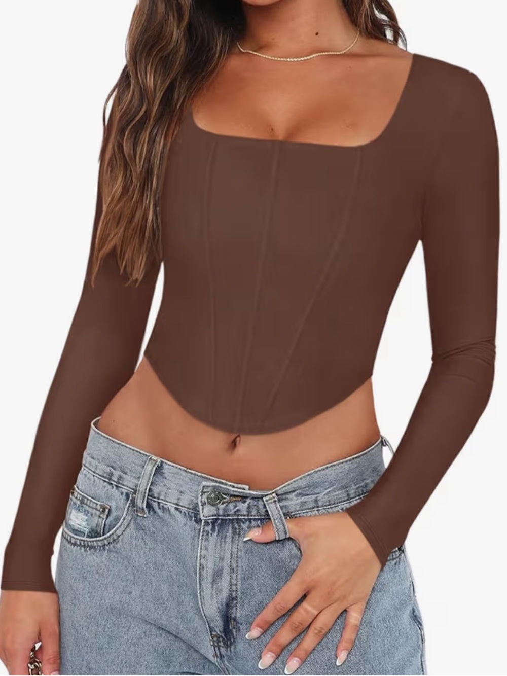 REORIA Womens Trendy Sexy Square Neck Long Sleeve Corset Crop Top